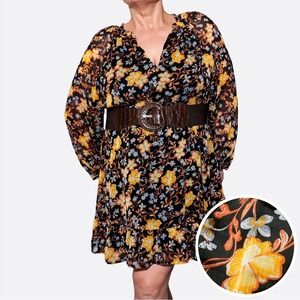 Dark Floral Chiffon Mini Dress Plus Size 0X L Long‎ Sleeve Flowy Cocktail Party